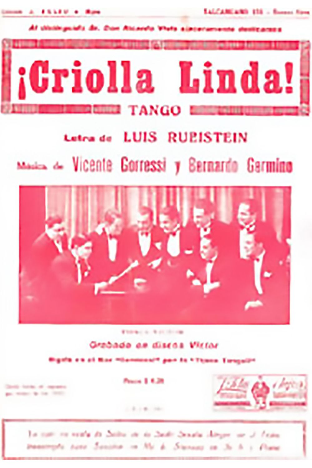 "Criolla linda", tapa de la partitura musical del tango.