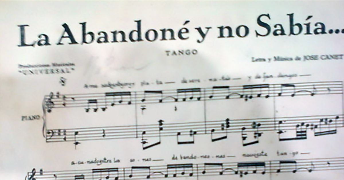 "La abandoné y no sabía ", página de la partitura musical del tango.