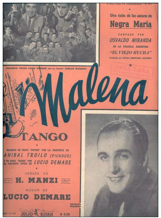 "Malena", tapa de la partitura musical del tango.
