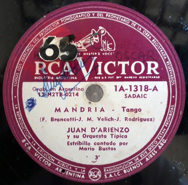 Mandria by Juan D'Arienzo con Alberto Echagüe, disco vinilo de Tango.