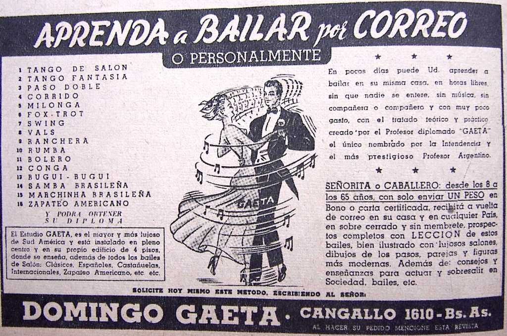 Publicidad en el periódico sobre las clases para aprender a bailar el tango por correo de Domingo Gaeta.