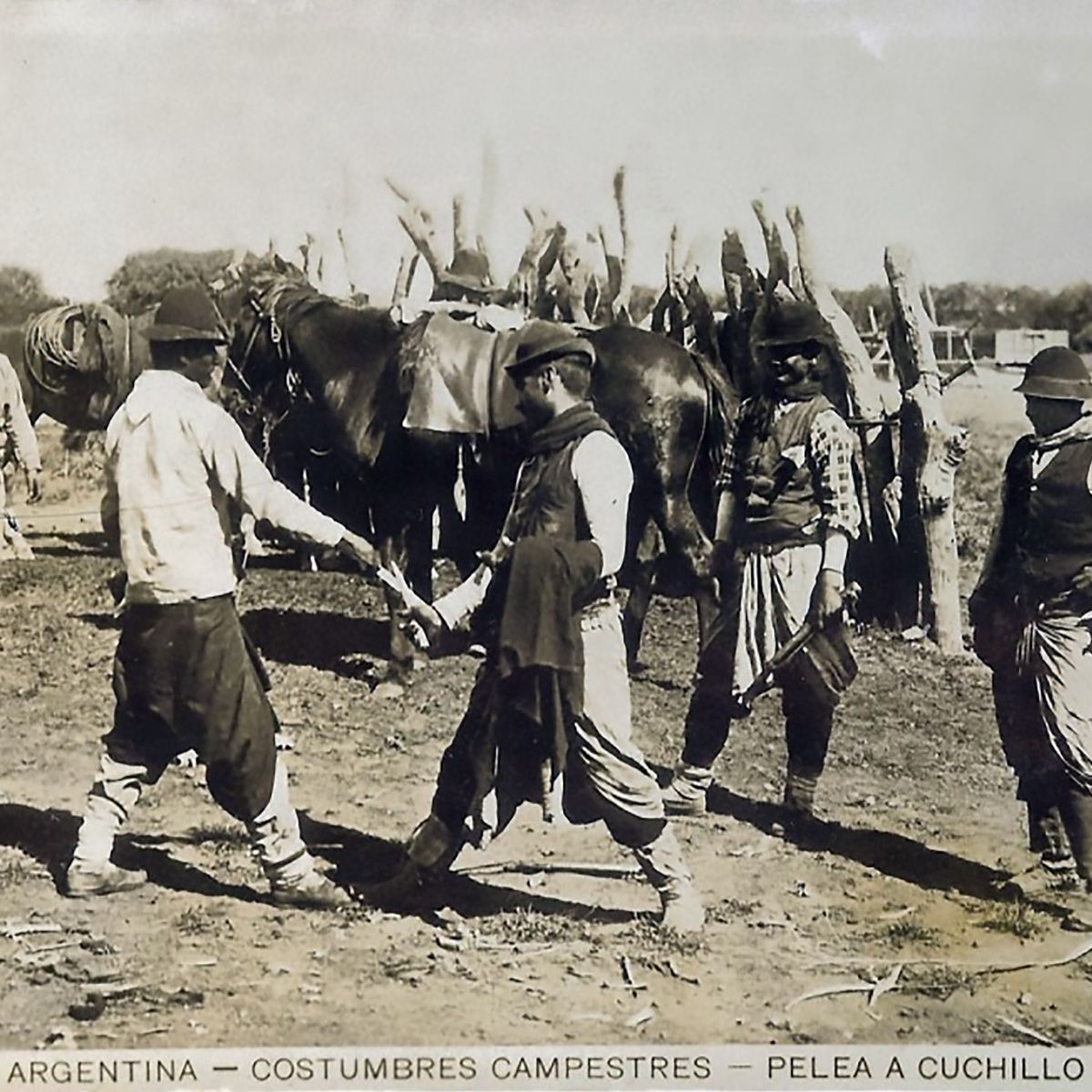 Knight fight, gaucho sport in Argentina, tow men fighting with horses and witnesses in the back