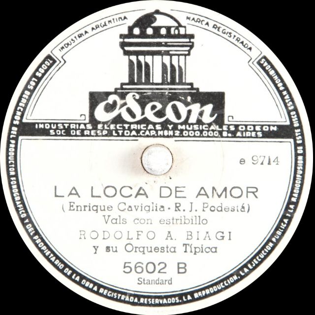 "Loca de amor", Argentine Tango music vinyl disc.