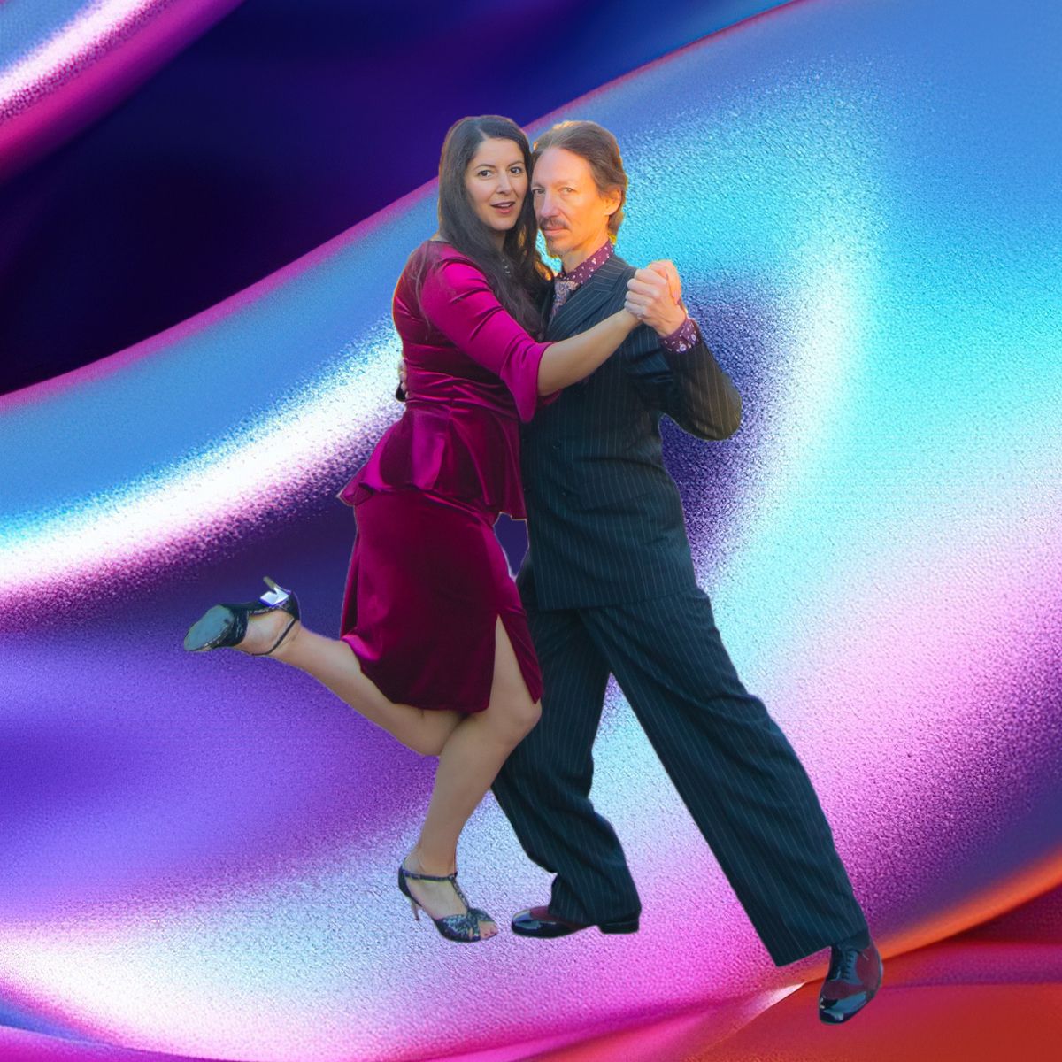 Marcelo Solis dancing Argentine Tango with Mimi on a colorful chrome background