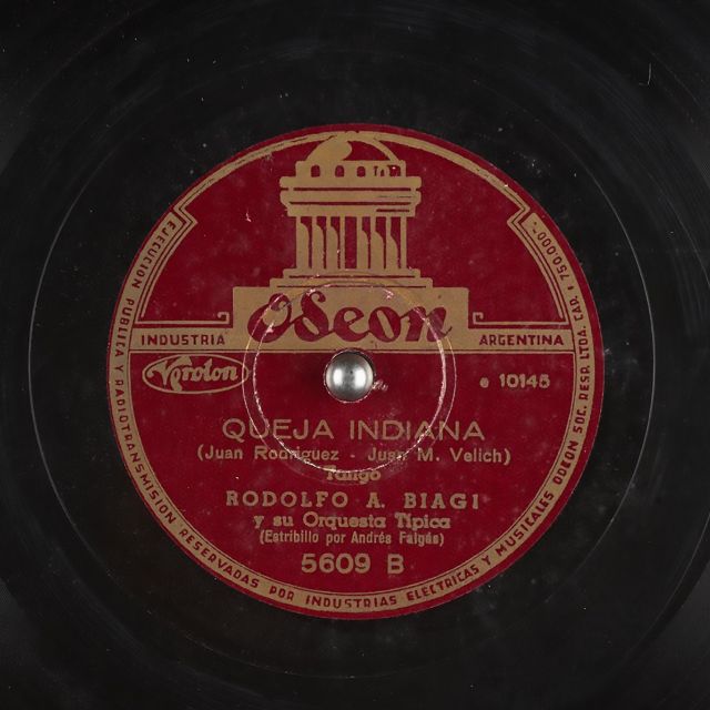 "Queja indiana" by Rodolfo Biagi with Andrés Falgás in vocals, vinyl disc.